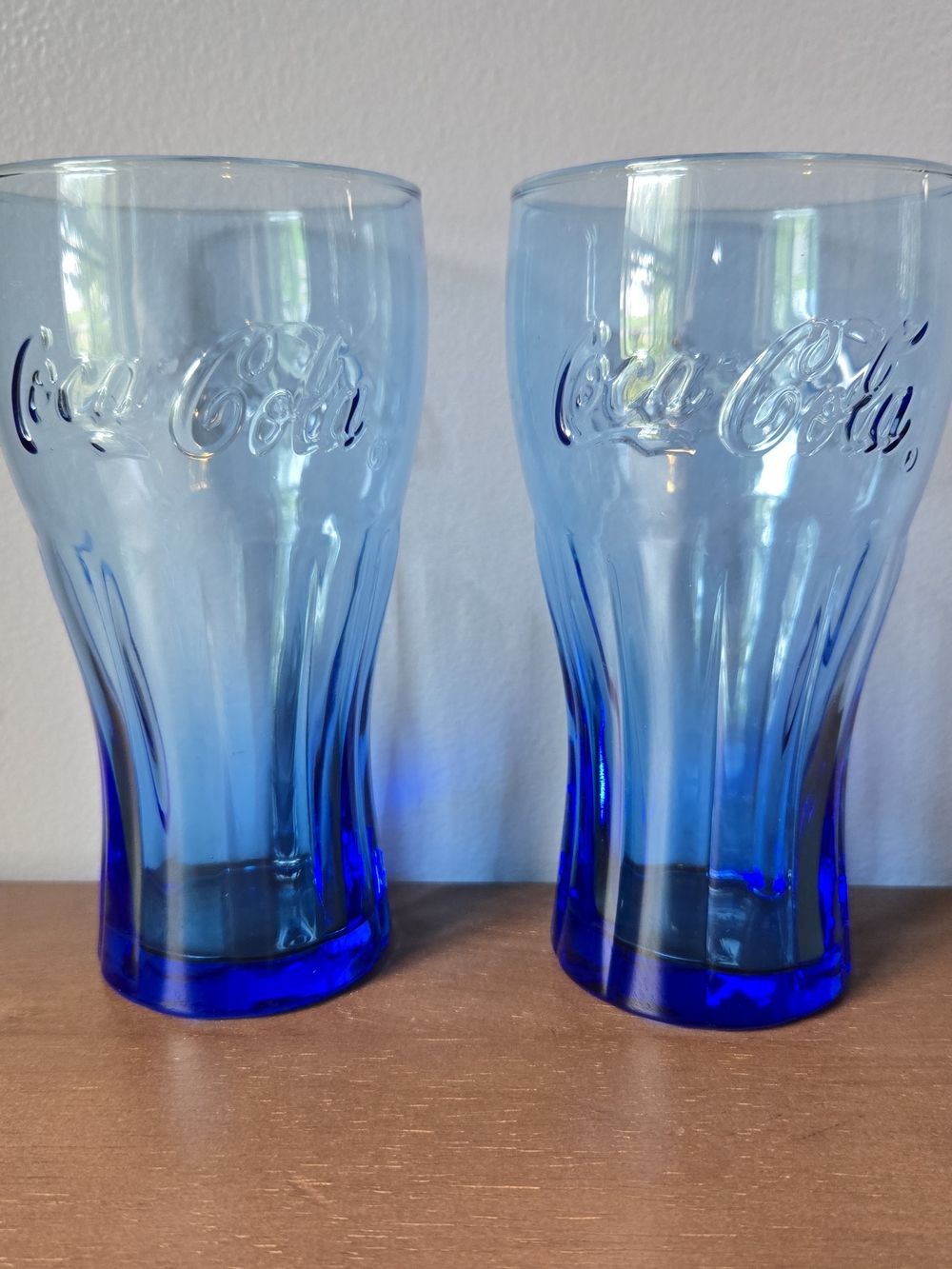 Vintage Blue Coca Cola Embossed Contour Glasses Coke Tumblers Set of Two 6" NICE